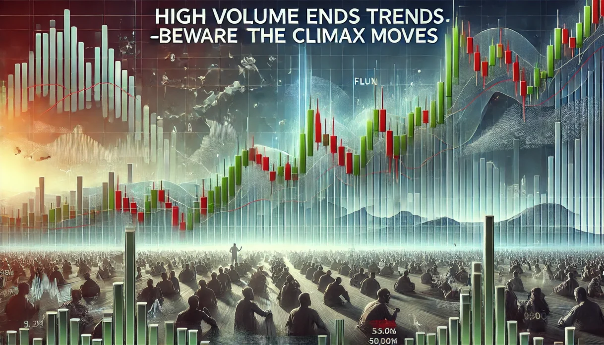 Dall·e 2024 12 16 15.13.45   A Professional And Insightful Banner Image For An Article Titled 'high Volume Ends Trends—beware The Climax Moves.' The Design Features A Stock Chart