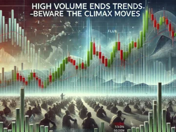 Dall·e 2024 12 16 15.13.45   A Professional And Insightful Banner Image For An Article Titled 'high Volume Ends Trends—beware The Climax Moves.' The Design Features A Stock Chart