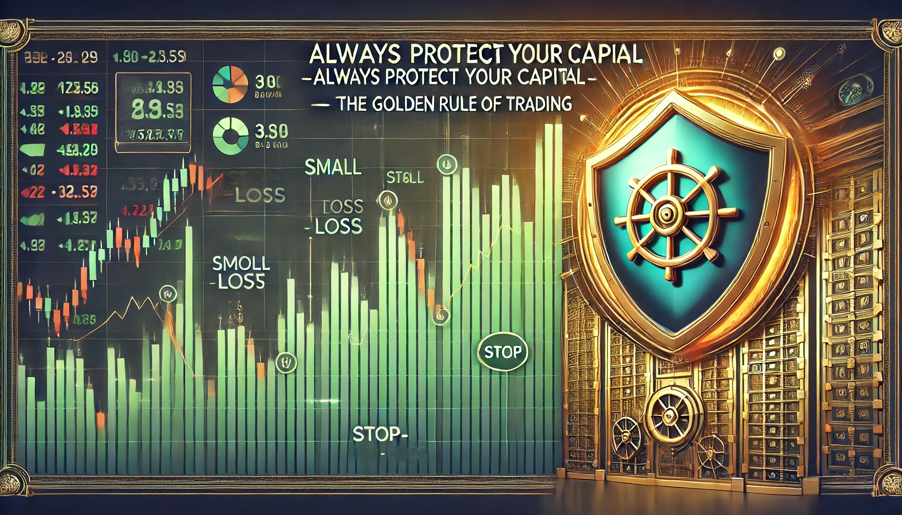 Dall·e 2024 12 23 15.49.23   A Professional And Motivational Banner Image For An Article Titled 'always Protect Your Capital—the Golden Rule Of Trading.' The Design Features A Shi