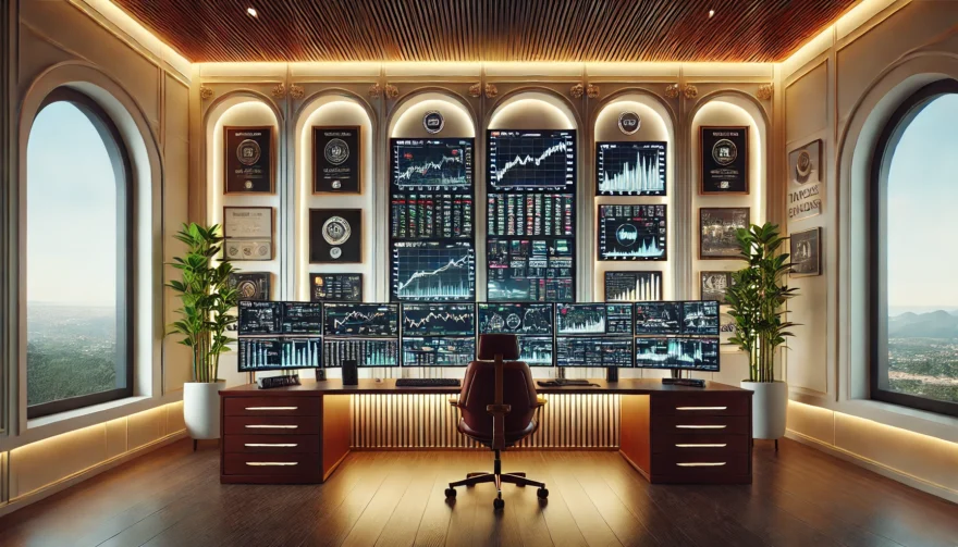 Dall·e 2025 01 04 10.28.34   A Professional And Futuristic Trading Room, Showcasing A Clean And Modern Design, With A Wall Featuring Trading Monitors Displaying Complex Market Dat