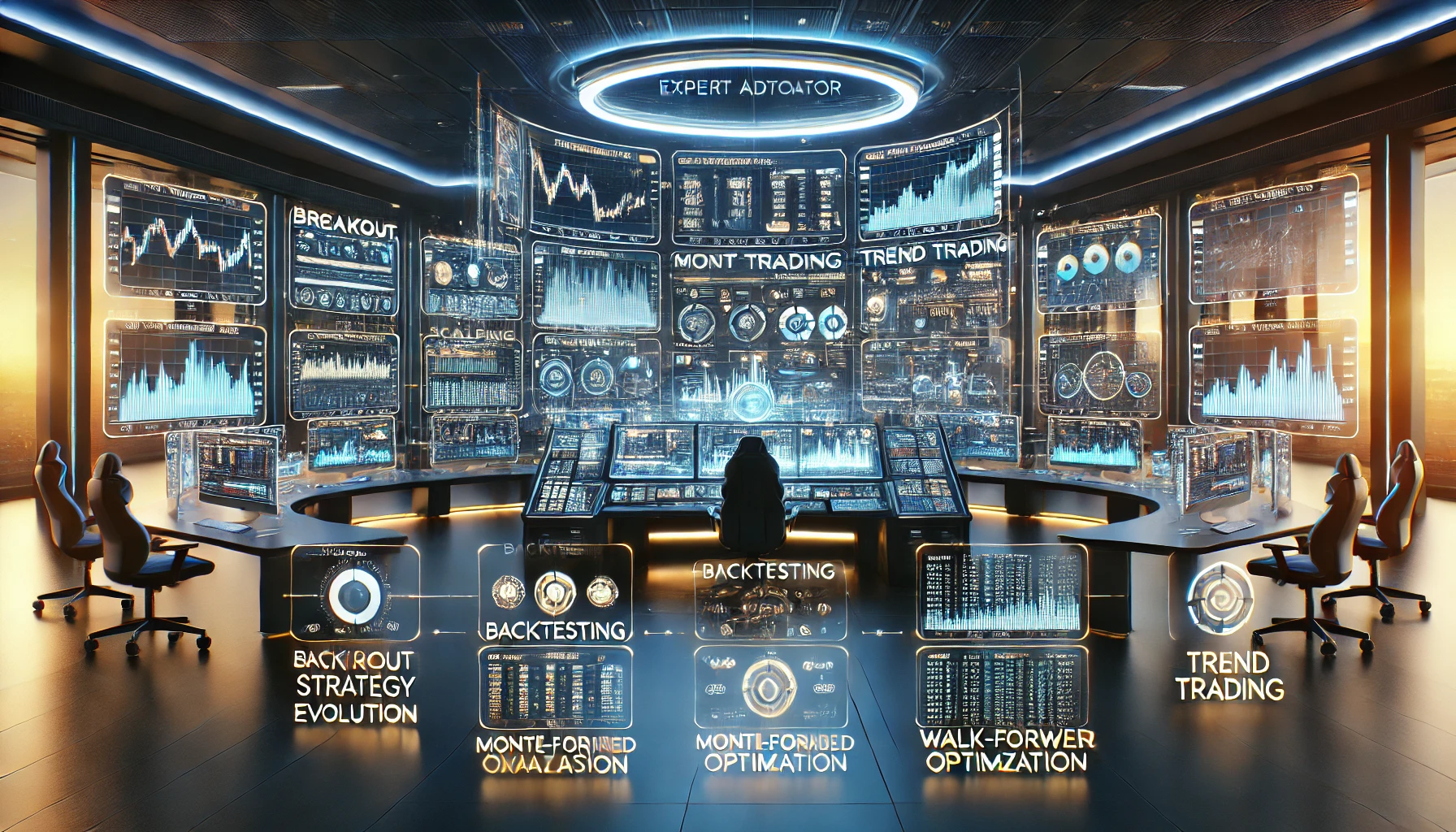 Dall·e 2025 02 02 12.07.42   A High Tech Trading Lab With Holographic Displays Showing The Step By Step Process Of Creating An Expert Advisor (ea) For Forex Trading. The Room Is S