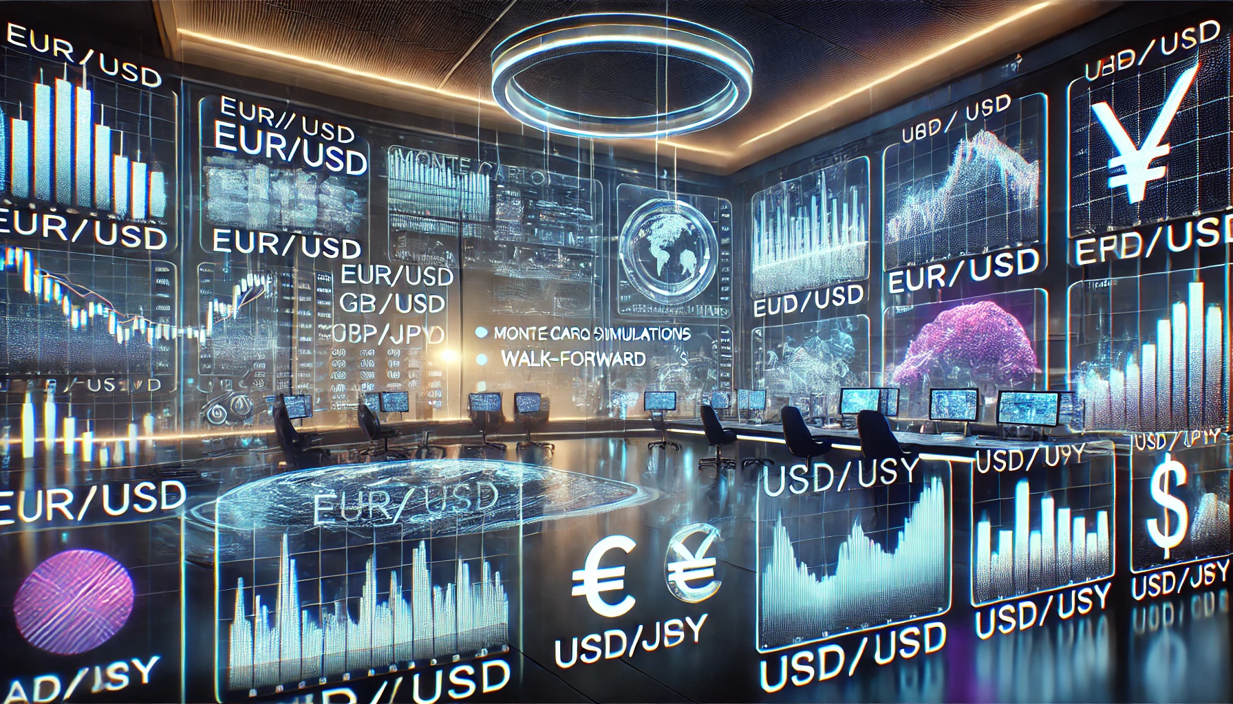 Dall·e 2025 02 03 10.30.20   A Futuristic High Tech Trading Lab With Multiple Holographic Screens Displaying Financial Charts And Currency Pairs. The Screens Highlight Currency Pa